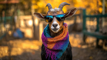 Stylish goat wearing sunglasses and a colorful scarf against a background of autumn foliage. Concept of animal fashion, fun farm life, playful personality, funny animal.の写真素材