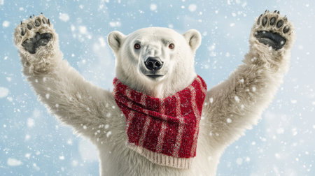 Cheerful polar bear wearing a red knitted scarf joyfully posing in a snowy winter wonderland. Concept of wildlife, nature, winter season, animal portrait and festive spirit, funny animal.の写真素材