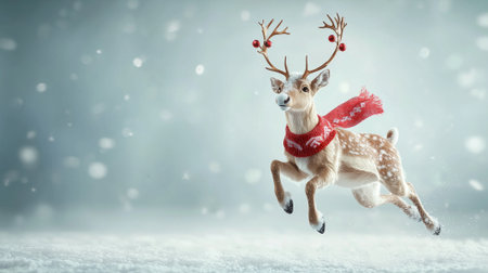 Lifelike reindeer wearing a red scarf prancing through a snowy landscape during Christmas winter season. Captivating scene depicting festive spirit and playful animal in nature, copy space, funny animal.の写真素材