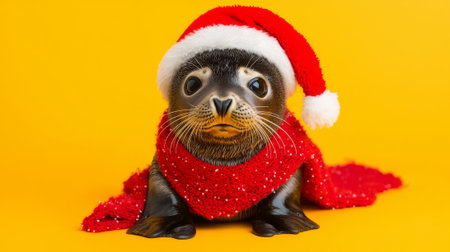 Adorable young seal wearing a festive Santa hat and a bright red scarf on a vibrant yellow background. Concept of Christmas holiday spirit, winter celebration, joyful atmosphere, funny animal.の写真素材