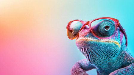 Stylish chameleon wearing bright sunglasses against a vibrant colorful background. Concept of individuality, fashion, unique style, and animal personality., funny animal.の写真素材