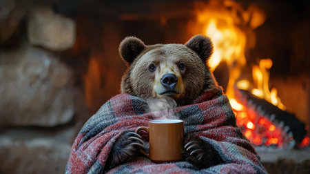 Relaxed brown bear wrapped in a cozy blanket, enjoying a warm beverage by a crackling fireplace in a serene cabin setting, embodying comfort and tranquility in nature, funny animal.の写真素材