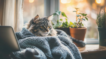Fluffy Maine Coon cat relaxing on cozy knit blanket by sunny window with potted plants and laptop. Concept of comfort, tranquility and home atmosphere., funny animal.の写真素材