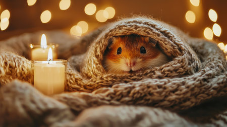 Charming small guinea pig wrapped in cozy knitted blanket surrounded by soft lights and flickering candles creating a warm and peaceful atmosphere perfect for relaxation, funny animal.の写真素材