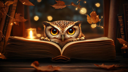 Charming owl perched on an open book amidst glowing candles and autumn leaves at night. A whimsical scene that embodies the magic of storytelling and nature's beauty, funny animal.の写真素材