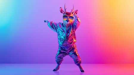 Funky colorful deer wearing sunglasses and shiny tracksuit dancing under neon lights in a vibrant setting. Concept of fun party atmosphere and unique costume, funny animal.の写真素材