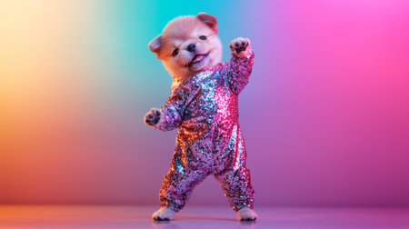 Playful puppy wearing a shiny glittery outfit striking a dance pose against a vibrant colorful background. Concept of joy, fun, cuteness, and pet entertainment moments, funny animal.の写真素材