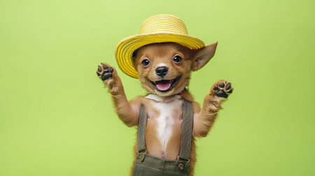 Adorable puppy wearing a yellow straw hat and green overalls joyfully poses against a vibrant green background. Concept of cute pet fashion, celebration, happiness, playful demeanor, funny animal.の写真素材
