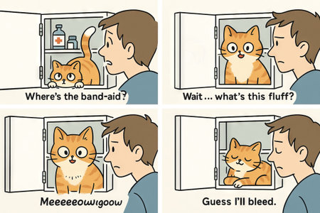 Humorous cartoon comics of caucasian boy discovering cat in medicine cabinet instead of band-aids. concept of unexpected surprises, cute mishaps, playful pets. Funny comic strip.の写真素材