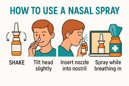 Instructions for using nasal spray: shake, tilt head, insert nozzle, breathe in, illustrated guide for effective application. respiratory health, medicine use, clear instructions. White background.の写真素材