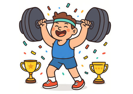 Cartoon boy lifting weights surrounded by colorful confetti and two golden trophies. concept of strength, achievement, joy, success celebration, youthful determination. White background.の写真素材