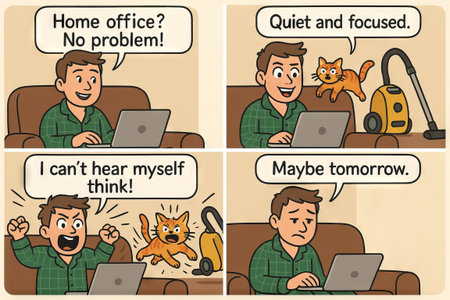 Comic man working from home with cat and vacuum disruption. concept of remote work challenges, focused productivity, home office, pet interruption, everyday humor. Funny comic strip.の写真素材