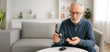 Senior caucasian man conducting a health check with glucometer at home on a relaxing afternoon. concept of health monitoring, elderly care, home health check, living room comfort, Banner, copy space.のeditorial素材