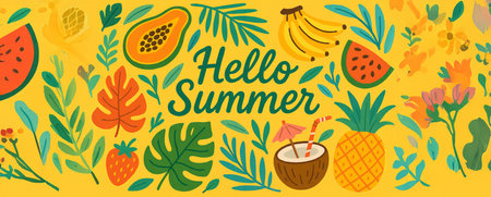 Tropical summer illustration with fruits, leaves, and flowers on yellow background with Hello Summer text. Concept of vibrant vacation, exotic freshness, colorful tropical design. Banner.の写真素材