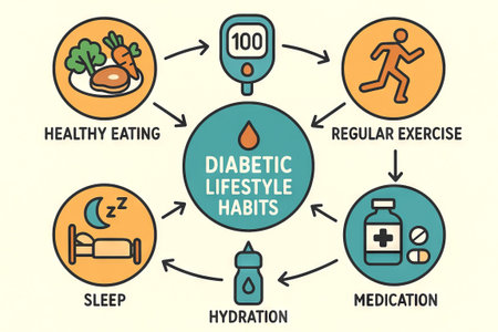 Diabetes lifestyle flowchart highlighting healthy eating, regular exercise, sleep, hydration, and medication for better management.の写真素材