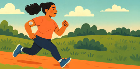 Young hispanic woman jogging in a lush green park for active diabetic lifestyle and fitness. concept of health, exercise, outdoor activity, and diabetes awareness.の写真素材