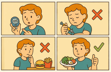 Illustration of young caucasian boy learning to manage diabetes with healthy diet choices and blood sugar monitoring. concept of health education, lifestyle change, positive habits.の写真素材
