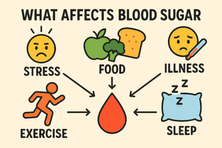 Blood sugar influencers chart illustrating effects of stress, food, illness, exercise, and sleep on glucose levels.の写真素材