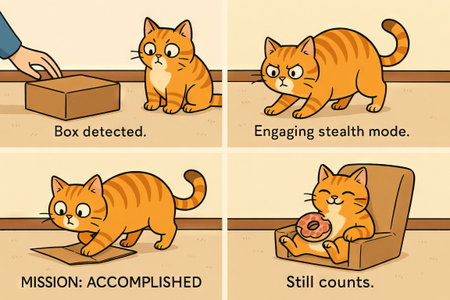 Cute orange tabby cat playfully engaging with box and eating donut in humorous comic strip style illustration. concept of feline curiosity, playful pet behavior, and funny animal moment.の写真素材