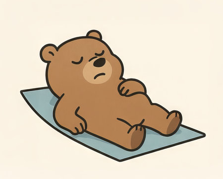 Cute cartoon bear peacefully sleeping on a mat with closed eyes and relaxed pose. Concept of relaxation, self-care, nap time, cozy rest, peaceful mood, adorable animal character illustration.の写真素材