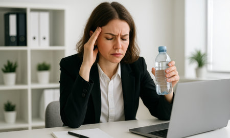 Frustrated caucasian businesswoman holding water bottle at work desk in office. concept of work stress, office fatigue, corporate pressure, headache, business, woman.のeditorial素材