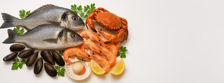 Fresh seafood medley display with fish, crab, shrimp, and mussels on white background. concept of gourmet seafood cuisine, culinary art, luxurious food presentation. wide banner, copy space.の写真素材