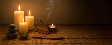Serene candlelit ambiance with glowing candles, incense sticks and stones on bamboo mat, creating tranquil setting. concept of relaxation, zen meditation, peaceful atmosphere, wide banner, copy space.の写真素材