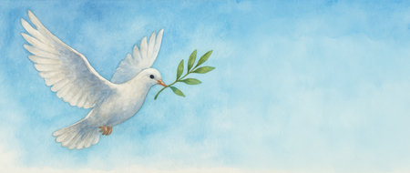 Peaceful dove holding an olive branch flying against a blue sky background. concept of tranquility, hope, harmony. watercolor illustration, symbol of peace, wide banner, copy space.の写真素材