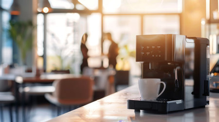 Modern Coffee Machine in a Sunlit Office Setting with Colleagues in Background. Concept of Workplace Amenities, Team Collaboration, Office Coffee Culture, Contemporary Work Environment. Copy space.の写真素材