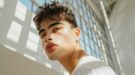 Confident young gay man with light makeup in bright modern setting. concept of self-expression, individuality, modern style, lgbtq.のeditorial素材