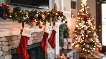 Four Red Christmas Stockings Hanging on Decorated Fireplace Mantel. Concept of Holiday Decorations, Festive Interior, Christmas Tradition.の写真素材