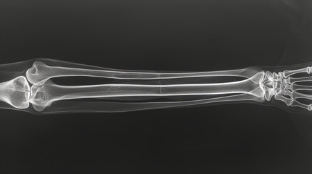 X-ray image of a human forearm displaying detailed bone structure, including radius and ulna. Concept of medical imaging, bone anatomy, orthopedic analysis, and healthcare diagnostics.の写真素材