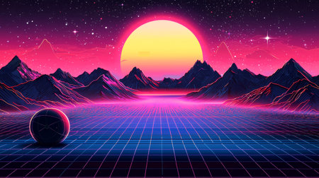 Vibrant pixel art style abstract ocean and mountain scene under galactic sky. concept of digital...
