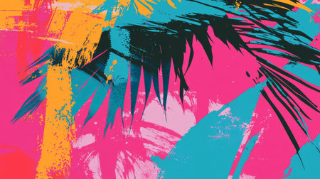 Vibrant abstract art with tropical palm leaves. concept of exotic nature, bold colors, modern design. Abstract background.の写真素材