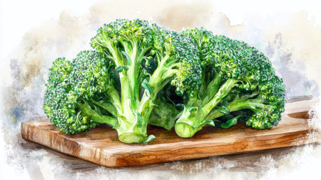 Colorful watercolor illustration of fresh broccoli on wooden cutting board. concept of healthy diet, organic vegetables, culinary art.の写真素材