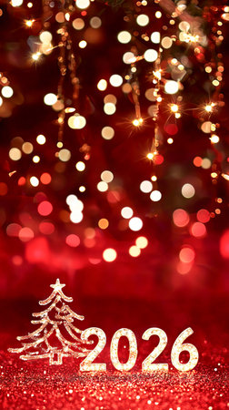 Festive Christmas tree with sparkling lights and 2026 year display on a vibrant red background holiday celebration concept. New Year. Vertical.の写真素材