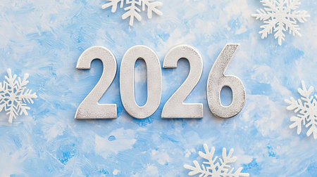 New Year celebration 2026 with snowflakes on a blue background winter holiday theme festive atmosphere joyful spirit concept.の写真素材