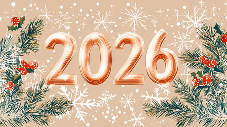 Festive 2026 New Year celebration with golden balloons, snowflakes, and holiday decorations,...