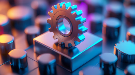 Close up of a mechanical gear on motor block in industrial setting. concept of engineering precision, industrial machinery, mechanical design, technological innovation.の写真素材