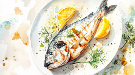 watercolor illustration - grilled fish served on a white plate, garnished with watercolor dill and lemon wedges. concept of culinary art, healthy cuisine, seafood enjoyment, gourmet cooking.の写真素材