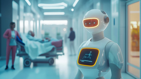 Futuristic healthcare robot in modern hospital corridor assisting patients. Concept of medical technology, AI healthcare, patient care, robotic assistant, medical innovation, futuristic medicine.の写真素材