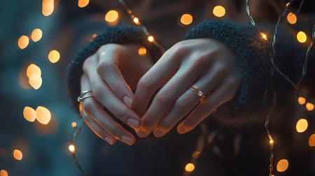 Close-Up of Intertwined Hands with Matching Rings and Warm Lighting, Concept of Love, Connection, Romance, Partnership, and Togetherness in an Intimate Atmosphere. Valentine's Day.のeditorial素材