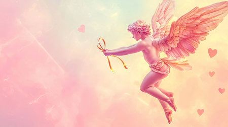 Modern Artistic Interpretation of Cupid with Delicate Wings Flying Among Hearts, Concept of Love,...