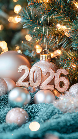 Sparkling christmas ornaments and glittering decorations under tree with 2026 on baubles. concept of holiday celebration, festive ambiance, new year., christmas. Vertical.の写真素材