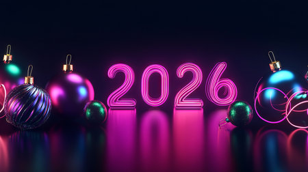 Colorful Neon festive decorations with vibrant ornaments and glowing numbers 2026 for New Year celebration concept, Banner.の写真素材