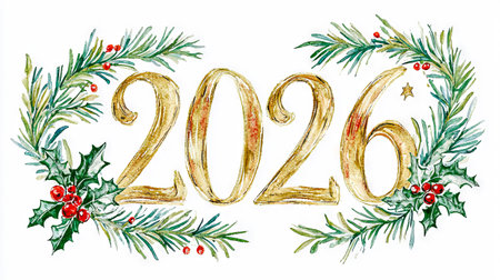 Festive illustration of the New Year 2026 surrounded by holly and pine branches for holiday celebrations and seasonal greetings concept. Watercolor illustration.の写真素材