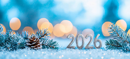 New Year Winter wonderland scene with 2026 numbers, pine cones, and snowflakes creating a festive atmosphere, holiday celebration concept, Copy space, Banner.の写真素材