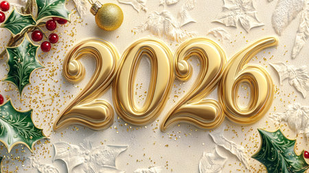 Golden 2026 New Year decoration with festive elements, including holly leaves and berries, celebrating the arrival of a new year and holiday spirit concept.の写真素材