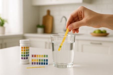 Testing home water quality with simple test kit for safe drinking water. concept of diy lab testing, household safety, water purity assurance for healthy living.の写真素材