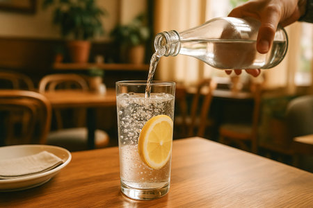 Refreshing lemon sparkle being poured into a glass at a cozy cafe table with warm decor. concept of freshness, citrus flavor, hydration, simple refreshment, inviting atmosphere.の写真素材